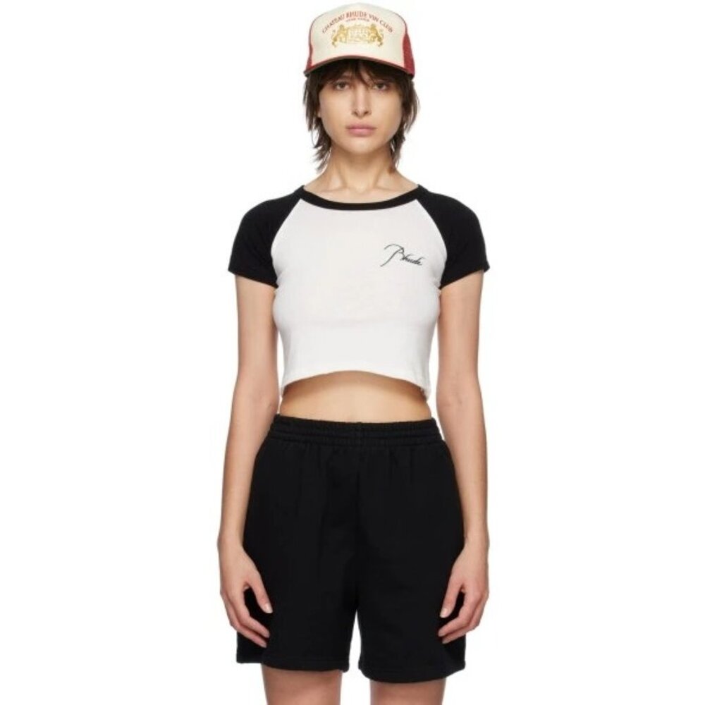 NEW RHUDE WOMENS BLACK/WHITE CROPPED LOGO TEE SZ 2XL